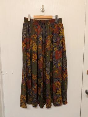 Vintage 90s Fashion Gallery Maxi Skirt In Dark Green Floral Print Size 16